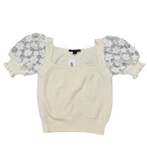 French Connection Women XL Winter White Floral Puff Sleeve Knit Top Square Neck